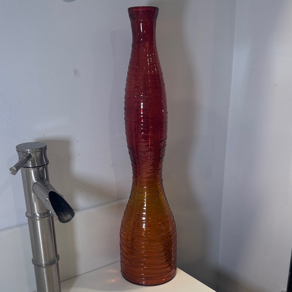 Pier 1 Spanish 20" Ribbed Ring Glass Vase Bottle Sunset Red Orange Spain